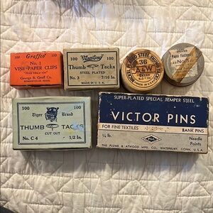 Vintage Antique office supplies pins thumb tacks clips Stationery Collection